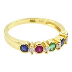 18ct gold nine stone, ruby, emerald, sapphire and diamond ring, stamped 750