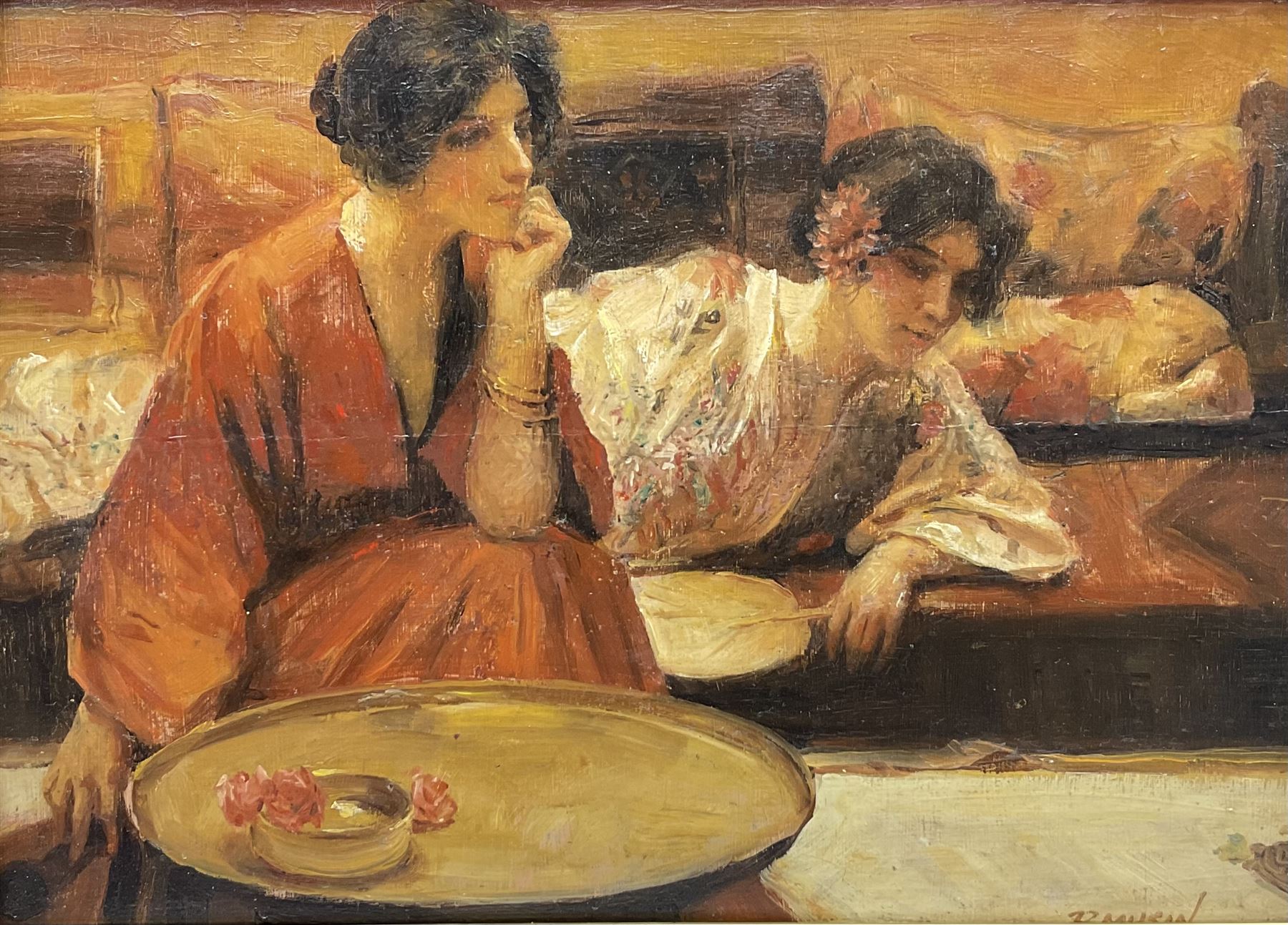 Paul Musin (Belgian 20th Century): Two 1920s Ladies on a Train, oil on panel signed 23cm x 32cm