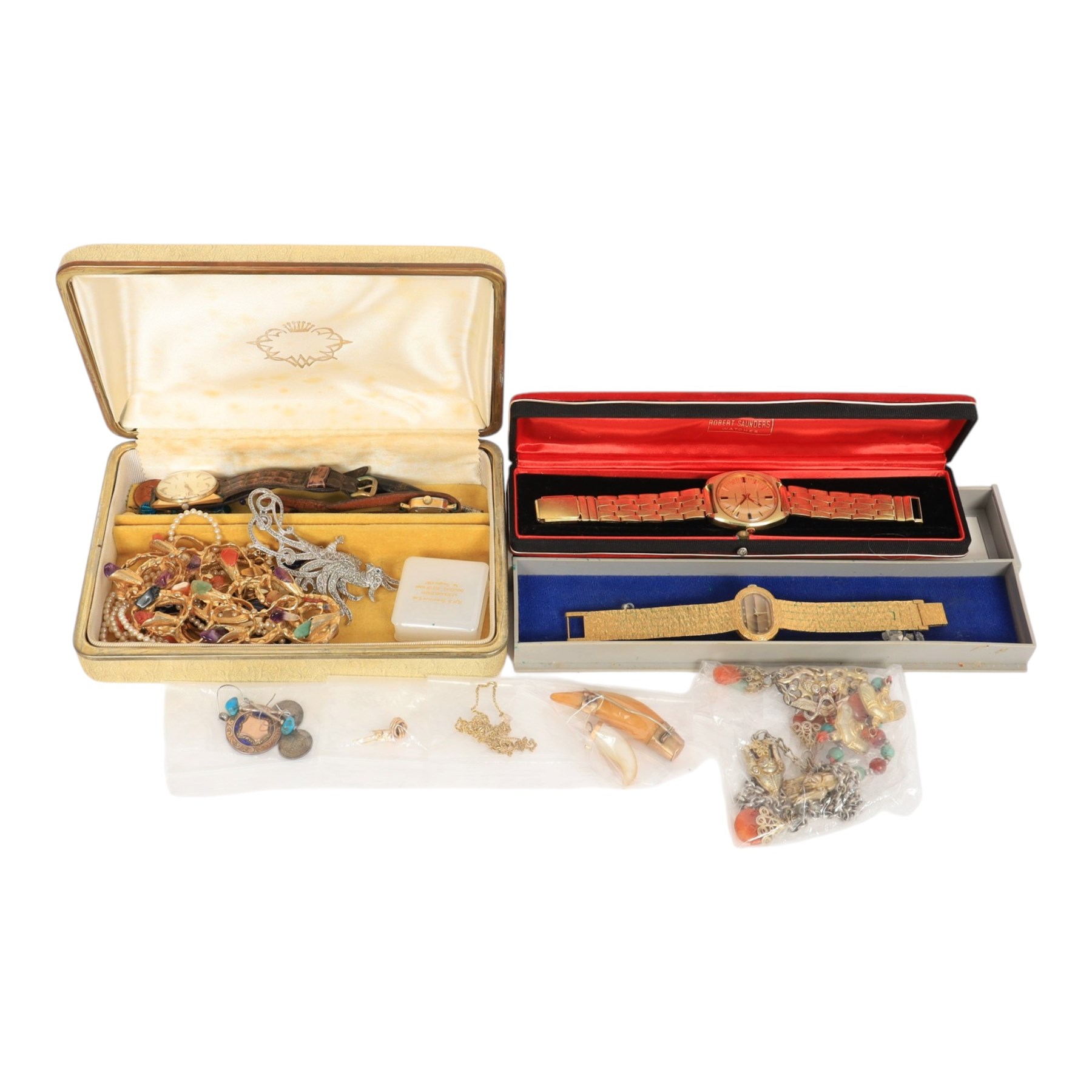 9ct gold jewellery, including resin tooth design brooch, mother of pearl claw design pendant, pair of stud earrings and a single earring, together with an 11ct gold chain, silver jewellery including charm necklace, a collection of costume jewellery and wristwatches
