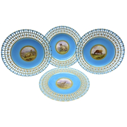  Set of four late Victorian reticulated cabinet plates hand painted with sheep and cattle in a moorland landscape, attributed to Henry Mitchell on turquoise ground, c1872, pattern no. G. 3275, D23.5cm (4) Provenance Property of Bob Heath, Brandesburton Formerly of Ravenfield Hall Farm near Rotherham  