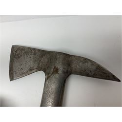 Post-War military type fireman's axe impressed 'PERKS 1953/54' with additional indistinct mark probably WD arrow, ash handle L39cm; and another stonemason's(?) double headed axe with mallet shaped shaft (2)