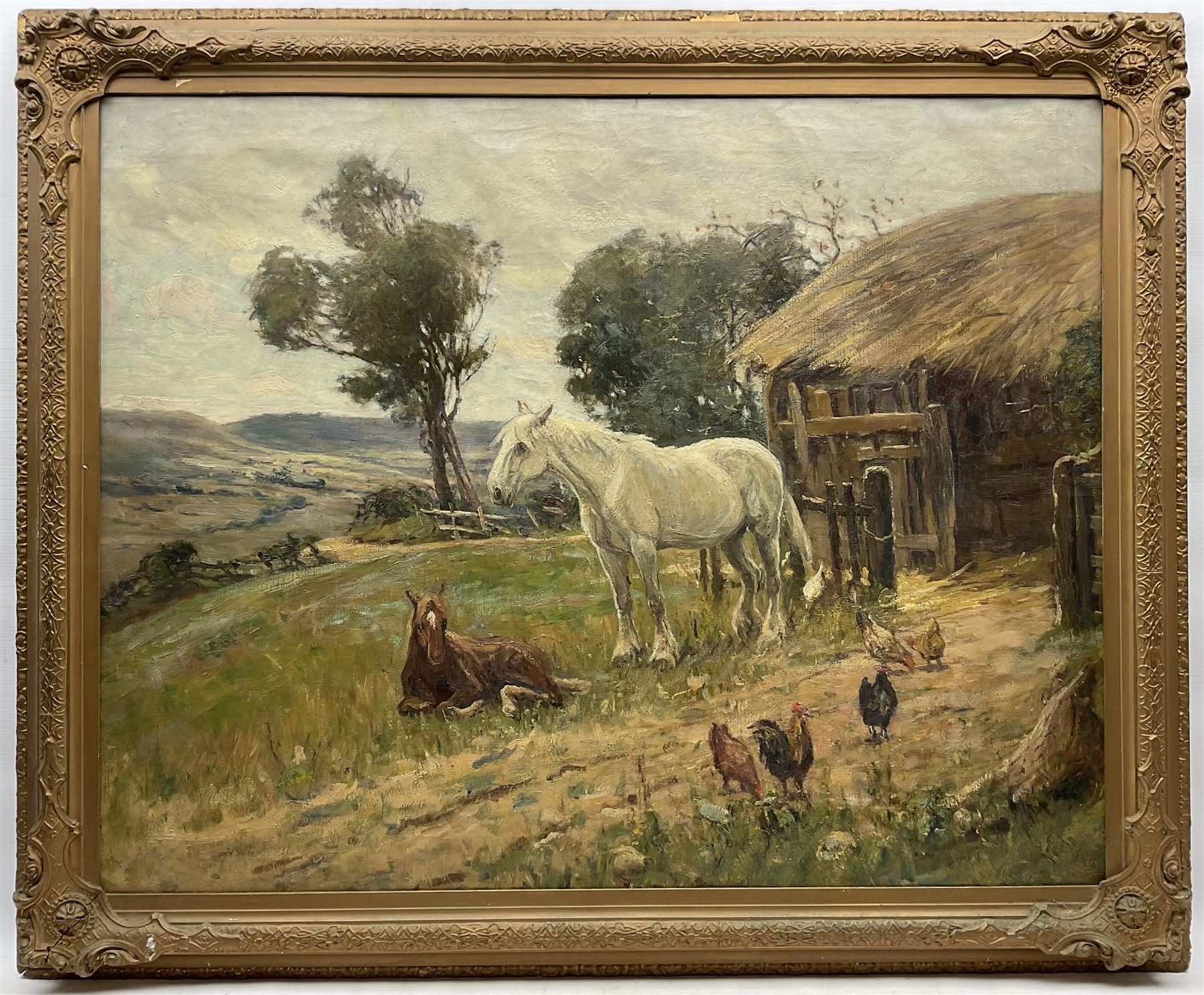 James William Booth (Staithes Group 1867-1953): Ponies and Chickens in the Farmyard, oil on canvas signed 75cm x 94cm