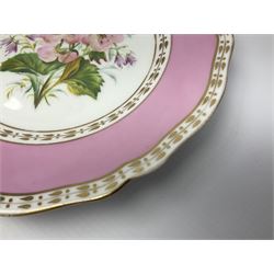 Victorian Copeland, Botanical dessert service, decorated with floral sprigs to the centre with a pink and gilt border, comprising five comports and seven plates, largest comport H20cm, plate D22cm