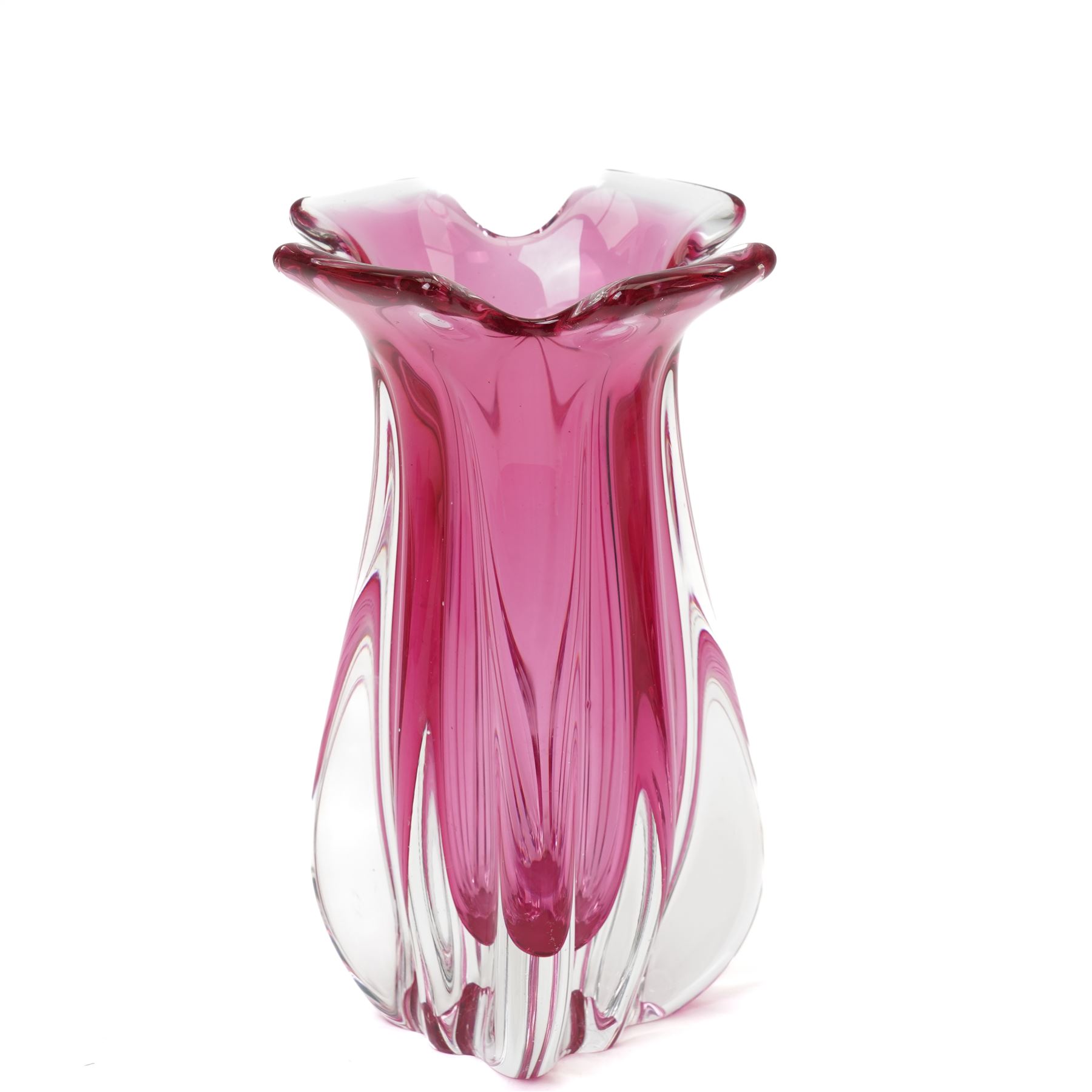 Four mid-century art glass examples, including a green 'Bullet Lens' vase designed by Rudolf Schrotter for Sklo Union, a Vicke Lindstrand for Orrefors ‘Polaris’ bowl, and two further pieces by Josef Hospodka for Chribska, max H23cm (4)