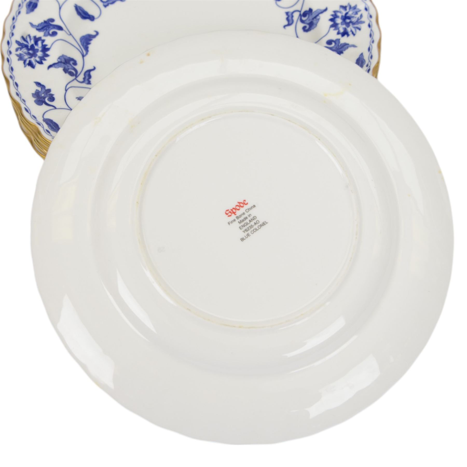 Spode Blue Colonel pattern part dinner service, comprising seven dinner plates, two bowls, eight side plates, four saucers, one cup and a coffee pot, all with printed mark beneath