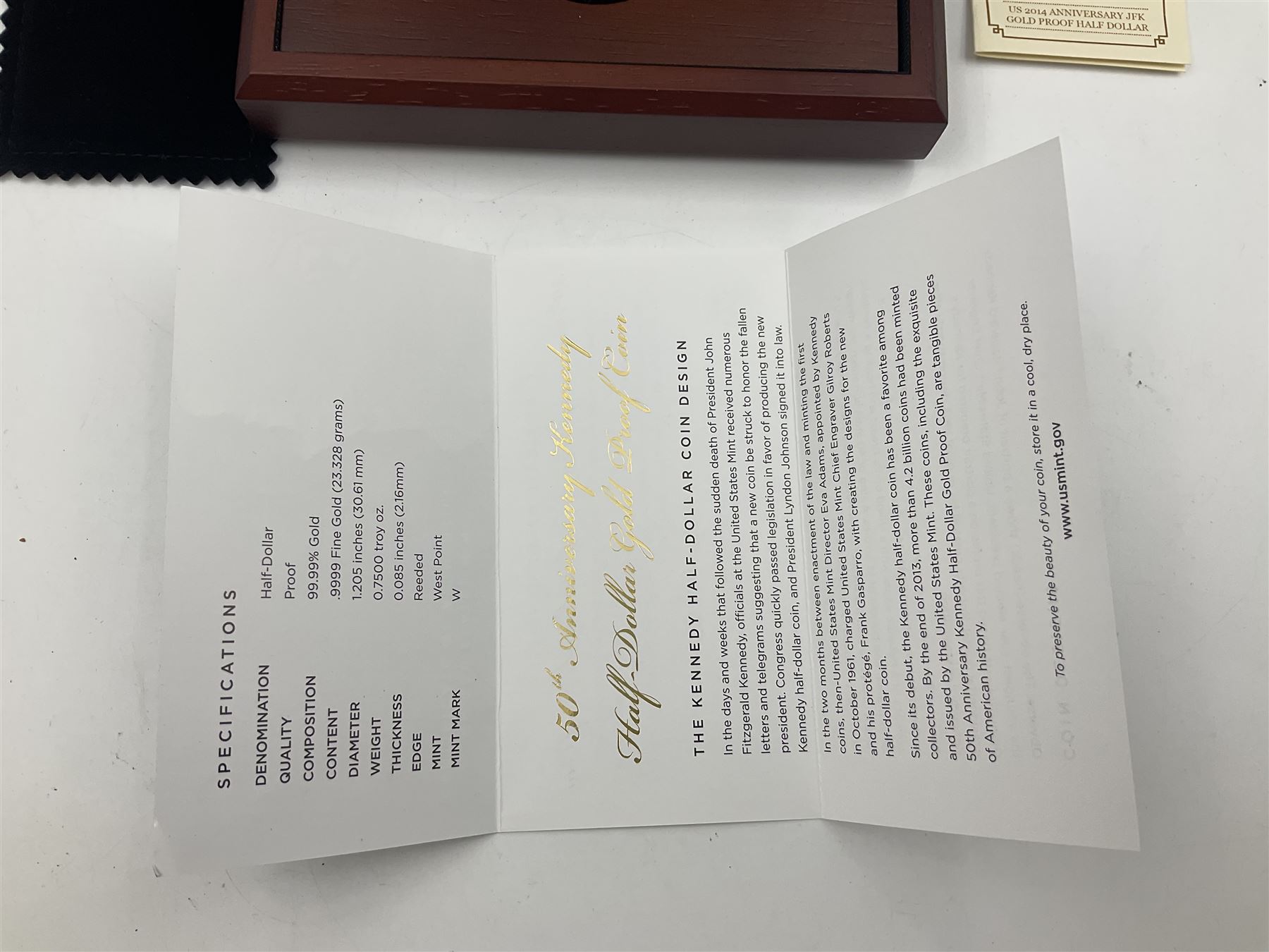 United States of America 2014 '50th Anniversary Kennedy half-dollar' gold proof coin, weighing 0.75 troy ounces of fine gold, cased with certificate