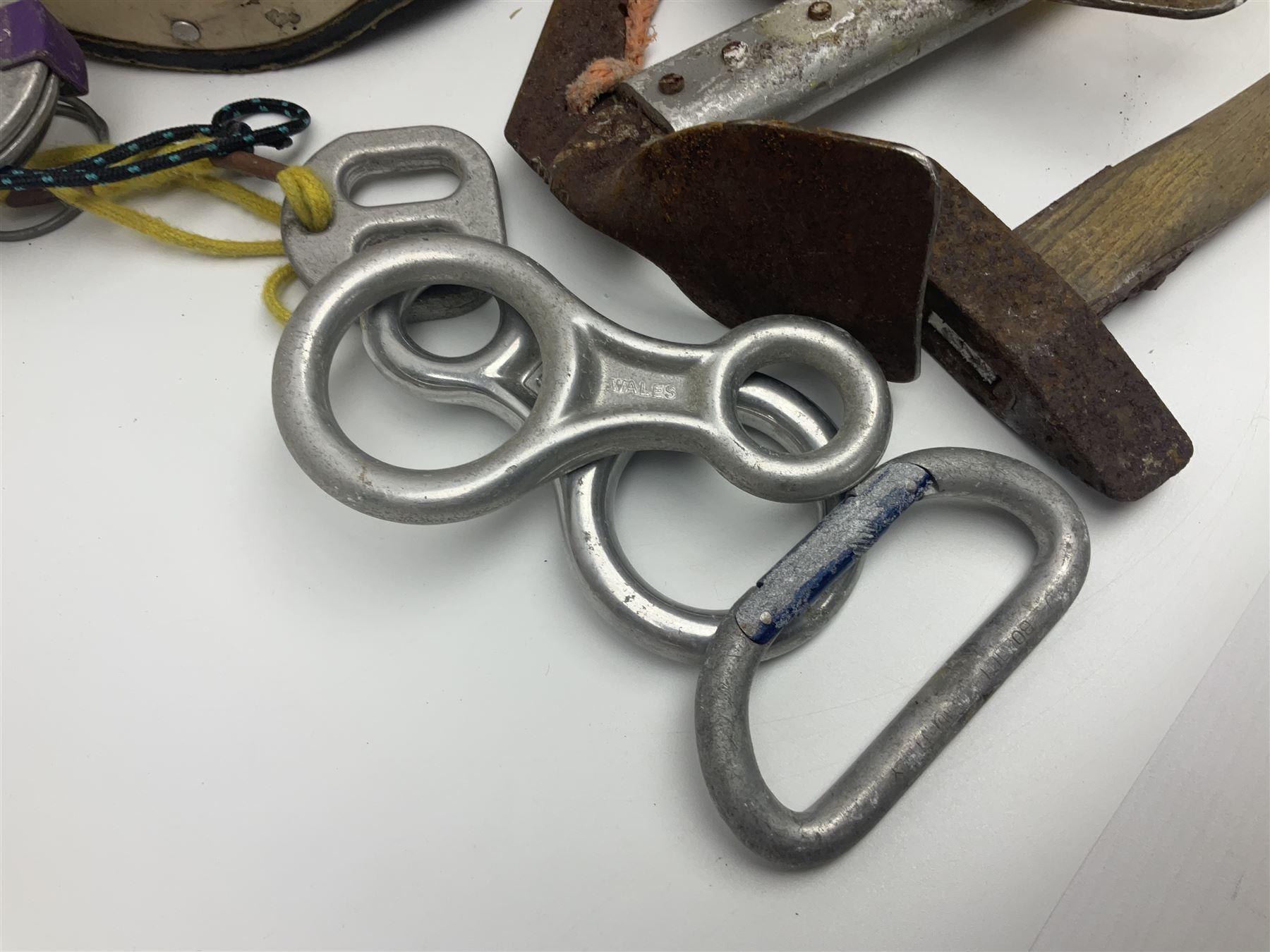 Collection of 1960s/70s climbing equipment including two original Hamish McInnes Pterodactyl ice axes, Joe Brown helmet, carabiners, ropes and wires etc