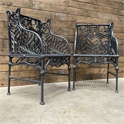 Richard Bawden (1936-2024): Pair of Cat design painted cast iron garden armchairs