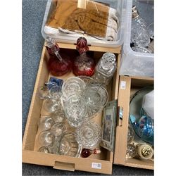Three boxes of glass to include cranberry examples, jelly moulds and paperweights