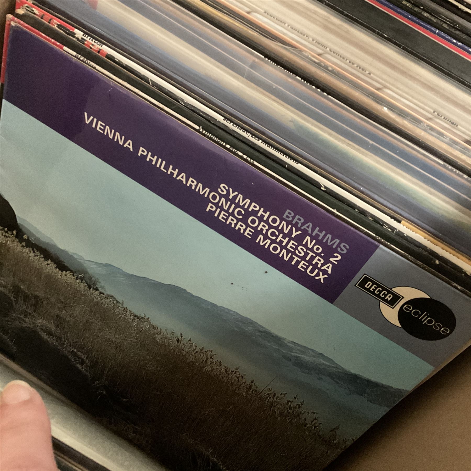 Collection of vinyl LP records in four boxes, mainly Jazz and Classical including Piano Rags by Scott Joplin, Sarah Vaughn, Duke Ellington and His Orchestra and Louis Armstrong, etc