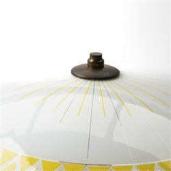 1960s yellow and white glass umbrella chandelier, with brass suspension rod and three lightbulb sockets, Light D47cm, Rod H43.5cm