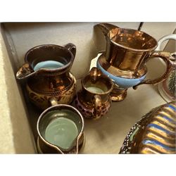 19th century and later ceramics, including Sunderland lustre mug, with agricultural scene and quote, together with lustre teapot and jugs, bowl with silver rim, Sampson dish, English blue and white tea bowls and saucers, blue and white tile, etc