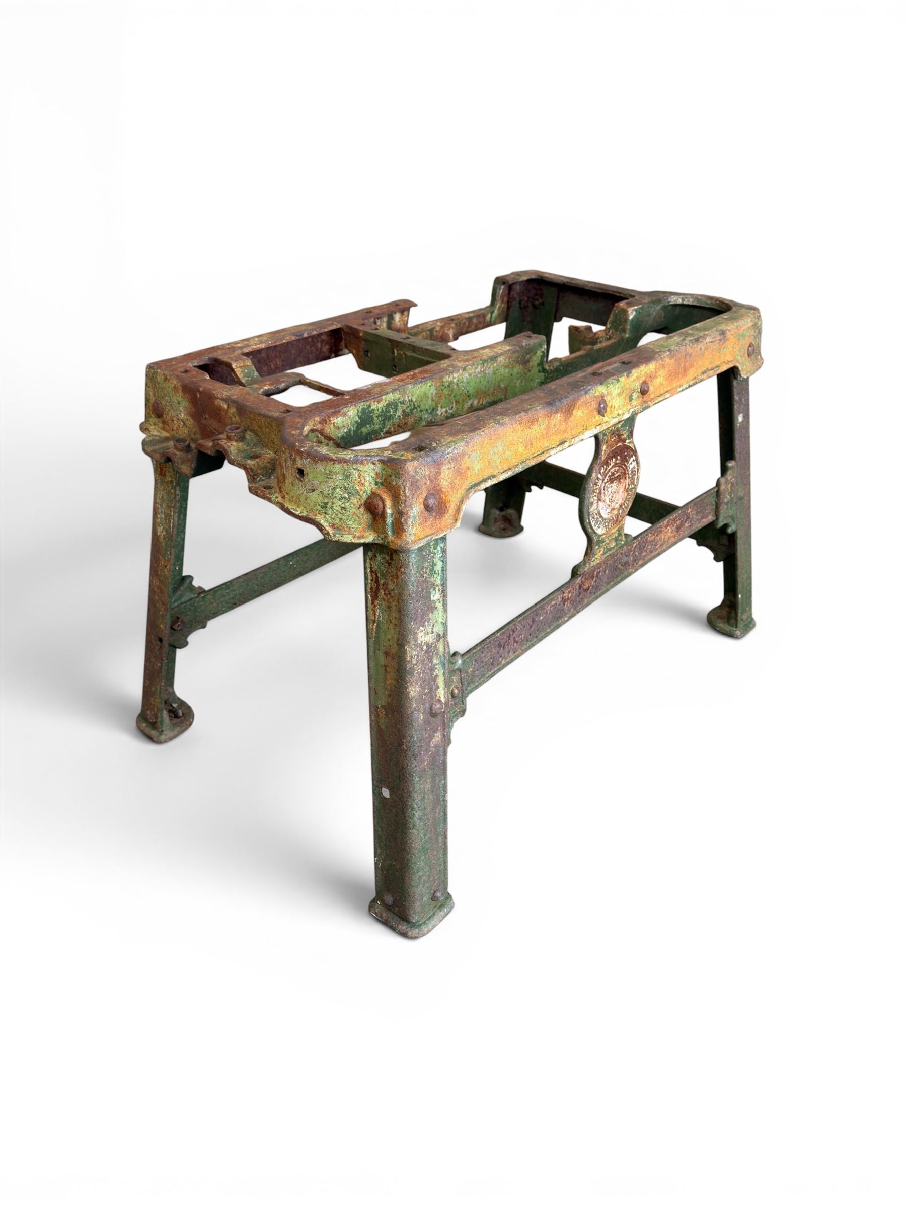 19th century heavy cast iron garden / machine table base, by Henry Bamford & Sons, with plaque, no. 3374, part of the JCB family