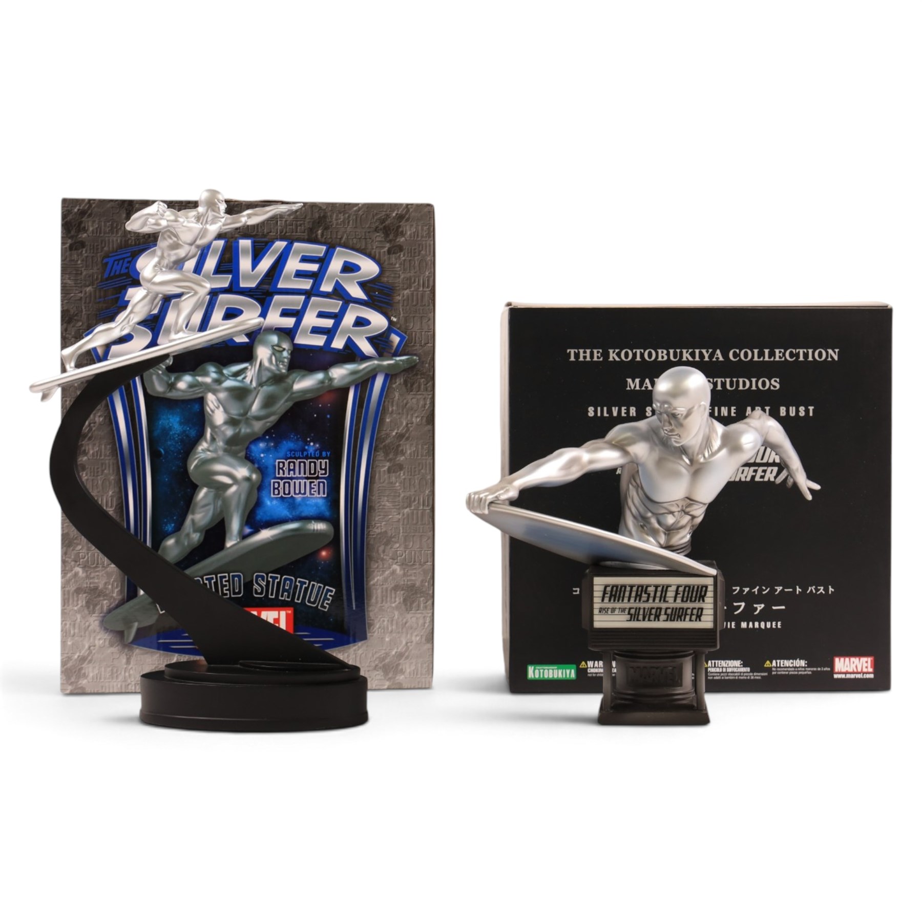 Bowen Designs Silver Surfer painted statue, together with a Kotobukiya Collection Marvel Studios Silver Surfer Fine Art Bust, both boxed