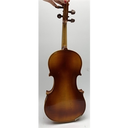  Maidstone School violin c1930 with 36cm two-piece maple back and spruce top, bears label 'The Maidstone School Orchestra Association 463 Oxford Street London Made in Czechoslovakia', L59cm overall, in carrying case  