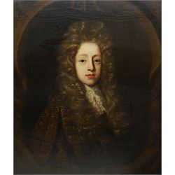 Attrib. Sir Godfrey Kneller (German/British 1646-1723): Quarter-Length Portrait of a Young Gentleman wearing a Full-Bottomed Wig possibly Philippe II Duke of Orléans, 18th century oil on canvas unsigned, attributed on the mount 74cm x 62cm, housed in giltwood frame with foliate moulding, overall 90cm x 77cm
Notes: portraits of young men were often commissioned around this age to mark their coming of age or entry into society. Inscription verso could reference Philippe II Duke of Orleans