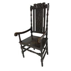 18th century and later open armchair, crown and scroll carved pediment over foliate s-scroll carved panelled back, turned uprights, decorated with applied beadwork, down swept arms with scroll carved terminals, on turned supports jointed by plain stretchers and turned front rail