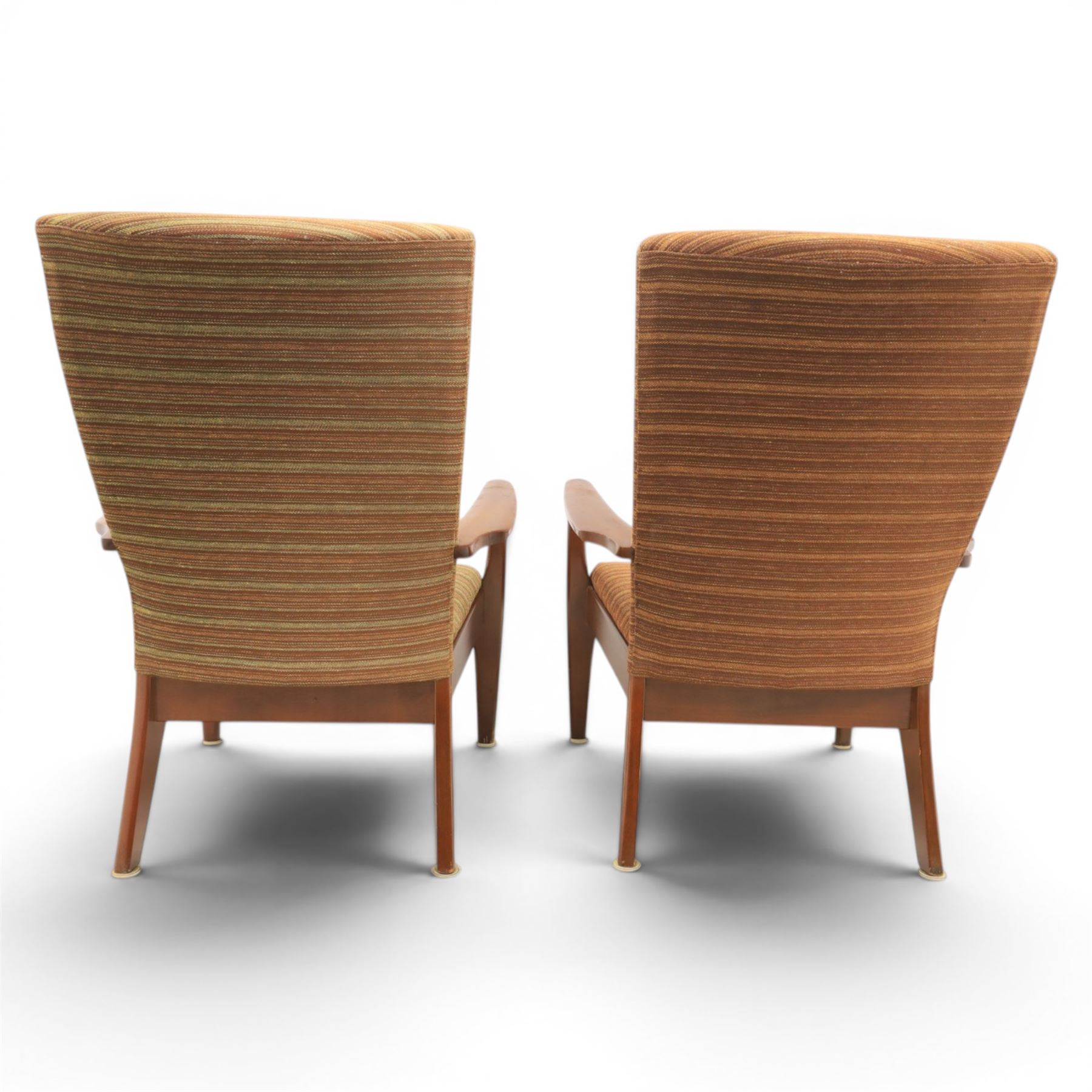 Parker Knoll - 'PK 988' open armchair, with teak frame, upholstered in a striped fabric, raised on tapering supports, the loose seat cushion supported on elasticated webbing 