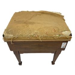 Edwardian inlaid mahogany piano stool, upholstered adjustable seat, inlaid with geometric boxwood stringing, on square tapering supports with spade feet