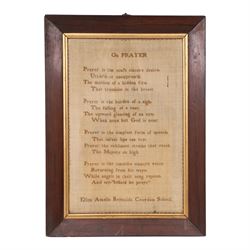 19th century needlework Quaker sampler, by Ellen Amelia Reynols Croydon School, worked wit...