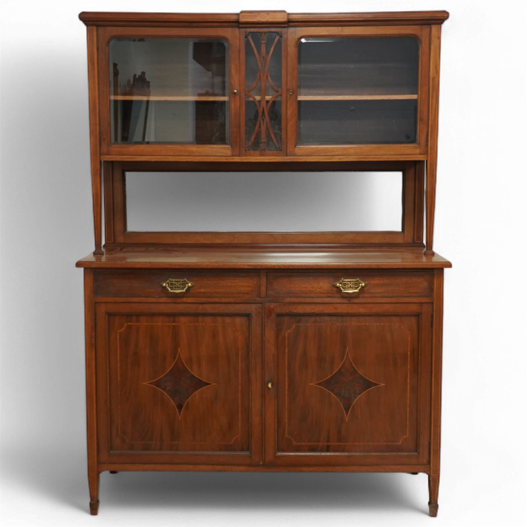 Early 20th century French mahogany dresser, raised display cabinets over bevelled mirror back, moulded rectangular top over two drawers and panelled cupboards, inlaid with figured panels, on square tapering supports with spade feet