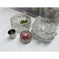 Portuguese Faiancas Belo pottery majolica cabbage leaf dish, together with a similar example, Royal Doulton plate, Portmeirion plant pot, glassware, two silver topped bottles etc, in two boxes  