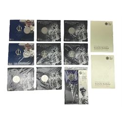 Eleven The Royal Mint United Kingdom commemorative five pound coins, in card folders