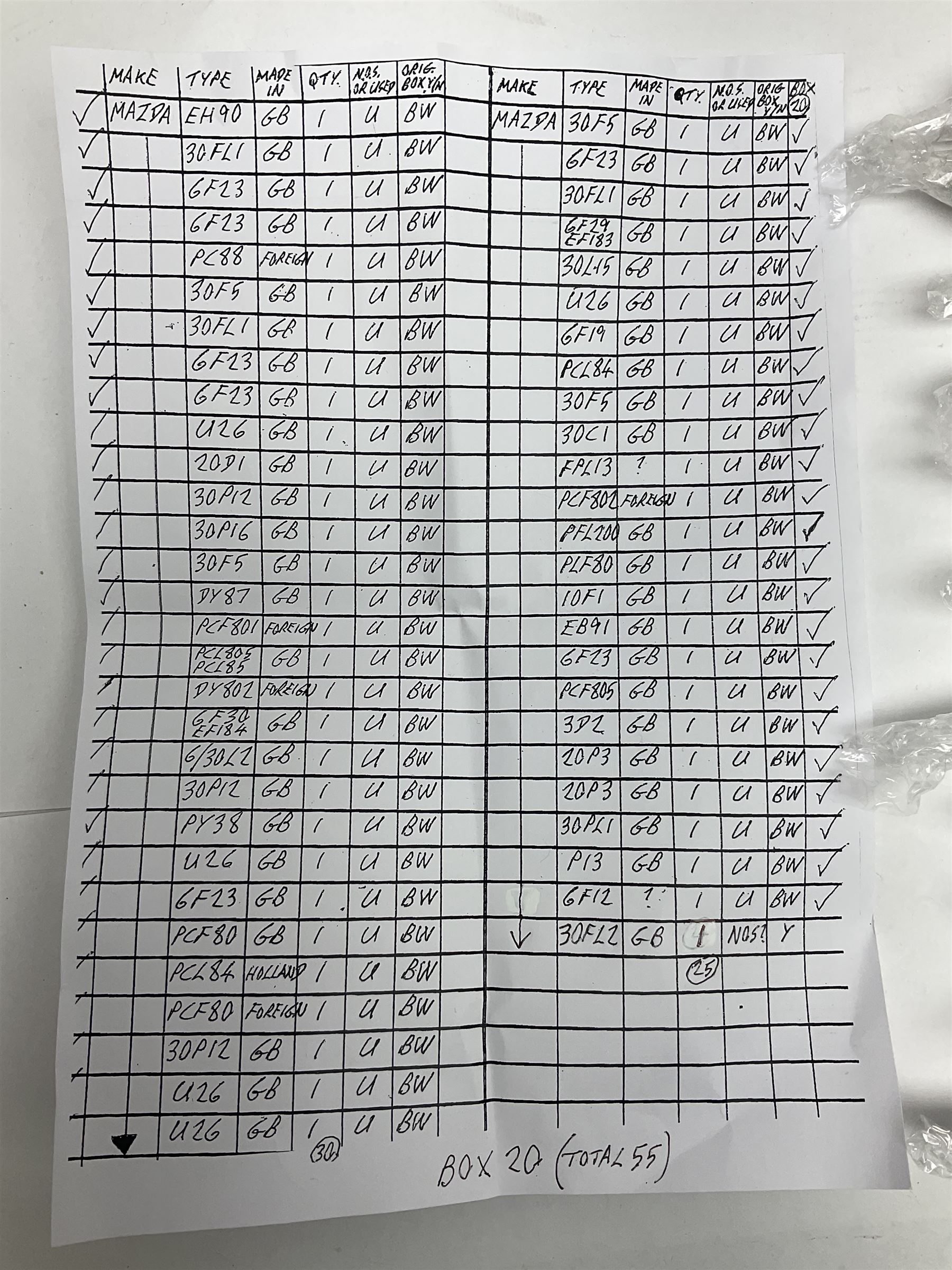 Collection of Mazda thermionic radio valves/vacuum tubes, including EH90, U26, PCF84, U26 approximately 55