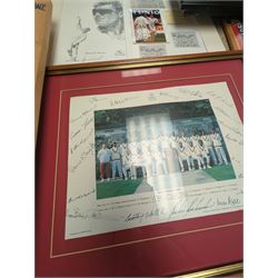 Collection of signed International cricket memorabilia, mostly relating to West Indies, including Curtly Ambrose and Brian Lara prints, Shane Warne and Glen McGrath last test souvenirs, signed Zimbabwe 2003 tour cricket bat, etc