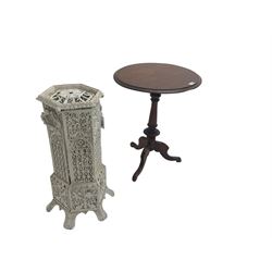 Victorian design white painted cast metal outdoor heater, pierced foliate decoration and arched window design (H71cm); mahogany wine table, circular top on turned pedestal (W54cm x 70cm)