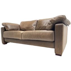 Heals - contemporary two seat 'Palermo' sofa, upholstered in chocolate brown leather, raised on wooden block feet