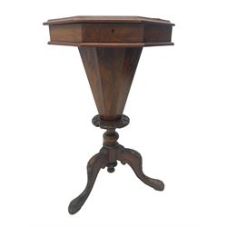 Victorian walnut octagonal work or sewing table, deep well with foliate carved collar, on tripod base with acanthus leaf decoration