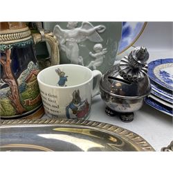 Collection of ceramics and silver plate to include four small shakers marked 'Viking Sterling', Belleek ewer, Ridgway, Royal Doulton, Booths Willow pattern, Peter Rabbit Wedgwood, Aynsley etc