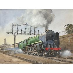Don Micklethwaite (British 1936-): The Evening Star Locomotive leaving Scarborough Railway Station, oil on canvas signed 45cm x 60cm