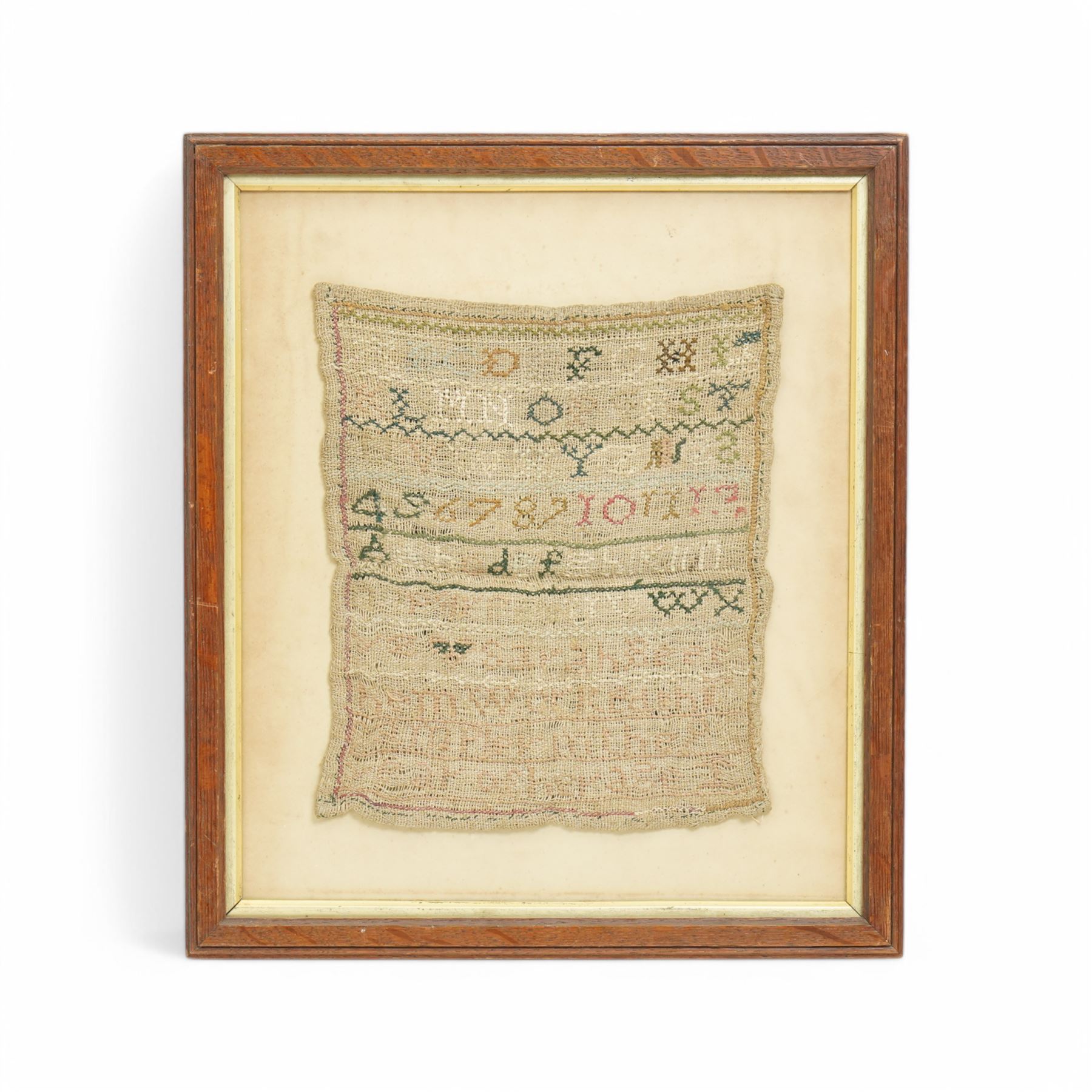 Early 19th century alphabet sampler by Sarah Beetham, with verse 'Sarah Beetham worked thif sampler in the 9 year of her age', together with two other early samplers, one by Eliza Popple of Gosberton, dated c. 1847, worked with alphabet, foliate and deer motifs, largest 32cm x 29cm (3)