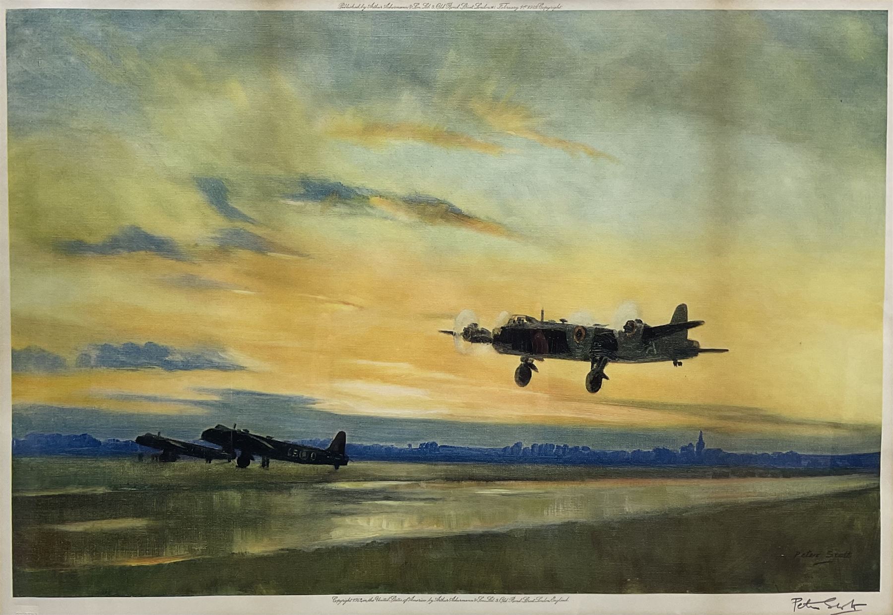 Sir Peter Markham Scott (British 1909-1989): 'Take Off at Dusk' - Bombers, colour print signed in pencil pub. 1942 with Fine Art Trade Guild blindstamp 36cm x 53cm 
Notes: an unusual wartime scene for Scott, best known for his avian pictures.
