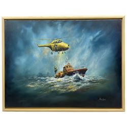 Dean Regan (Northern British 1960-): White Rose of Yorkshire - Whitby Waveney class lifeboat (1974-1988) at a rescue scene with a Westland Whirlwind helicopter, oil on canvas signed 76cm x 101cm 