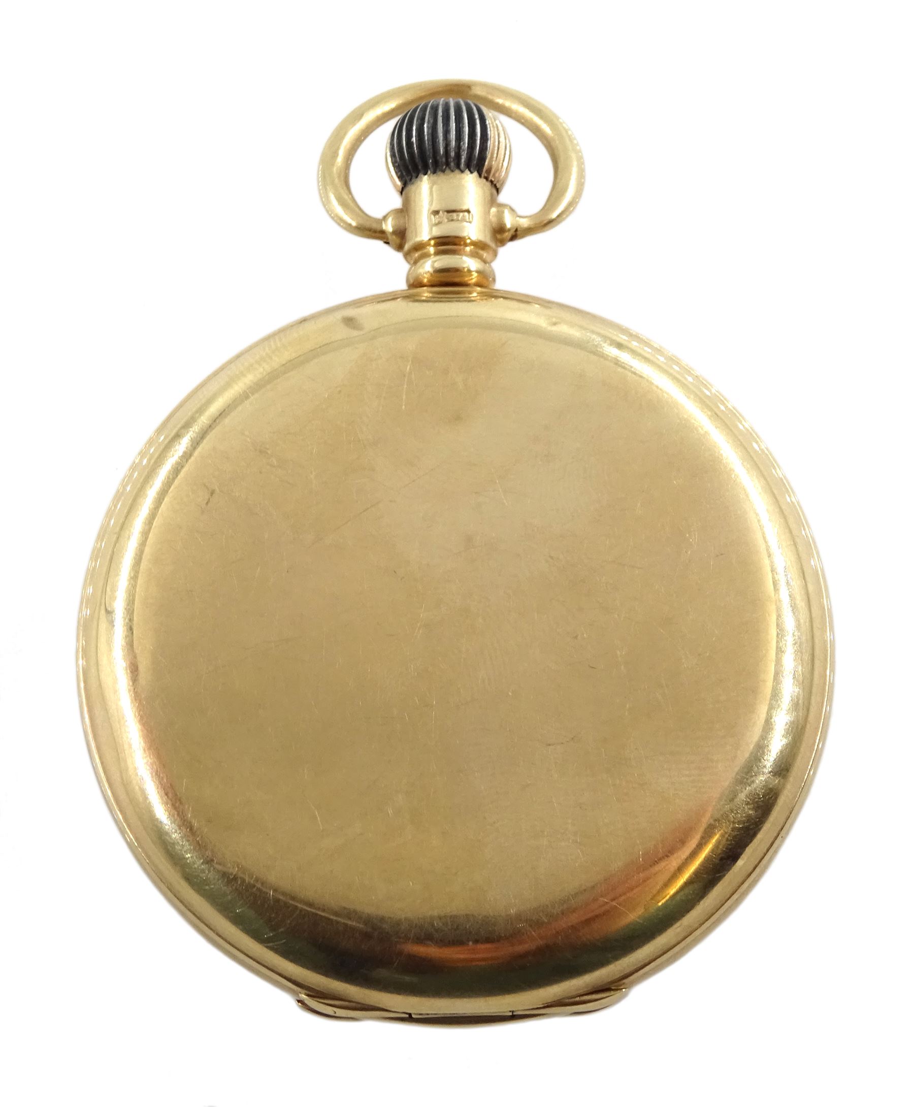 9ct gold full hunter 7 jewels keyless Traveller pocket watch by Waltham U.S.A, No. 23280142, white enamel dial with Arabic numerals and subsidiary seconds dial, case by Aaron Lufkin Dennison, Birmingham 1921