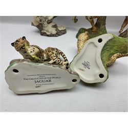 Ten Franklin Mint National wildlife Foundation Big Cats of the World figures to include, White Bengal Tiger, Jaguar, Cougar, Cheetah, Clouded Leopard etc, with display stand