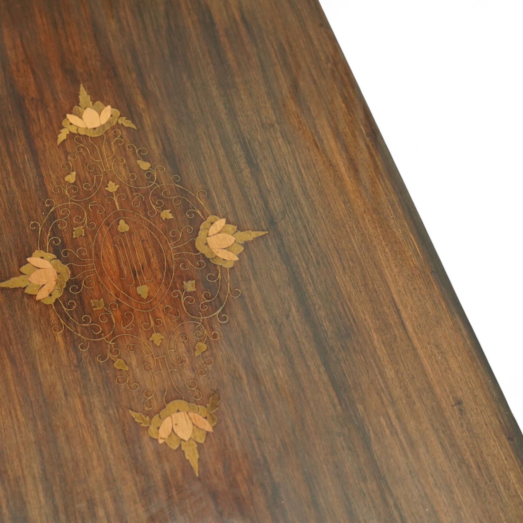 Pair of late 19th century colonial hardwood and brass inlaid chests, each rectangular with hinged top and brass strapping, floral and urn pattern inlay to the panels, with pierced brass side handles, fitted baize-lined butlers tray