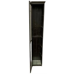 19th century black lacquered pine narrow cabinet, single glazed door