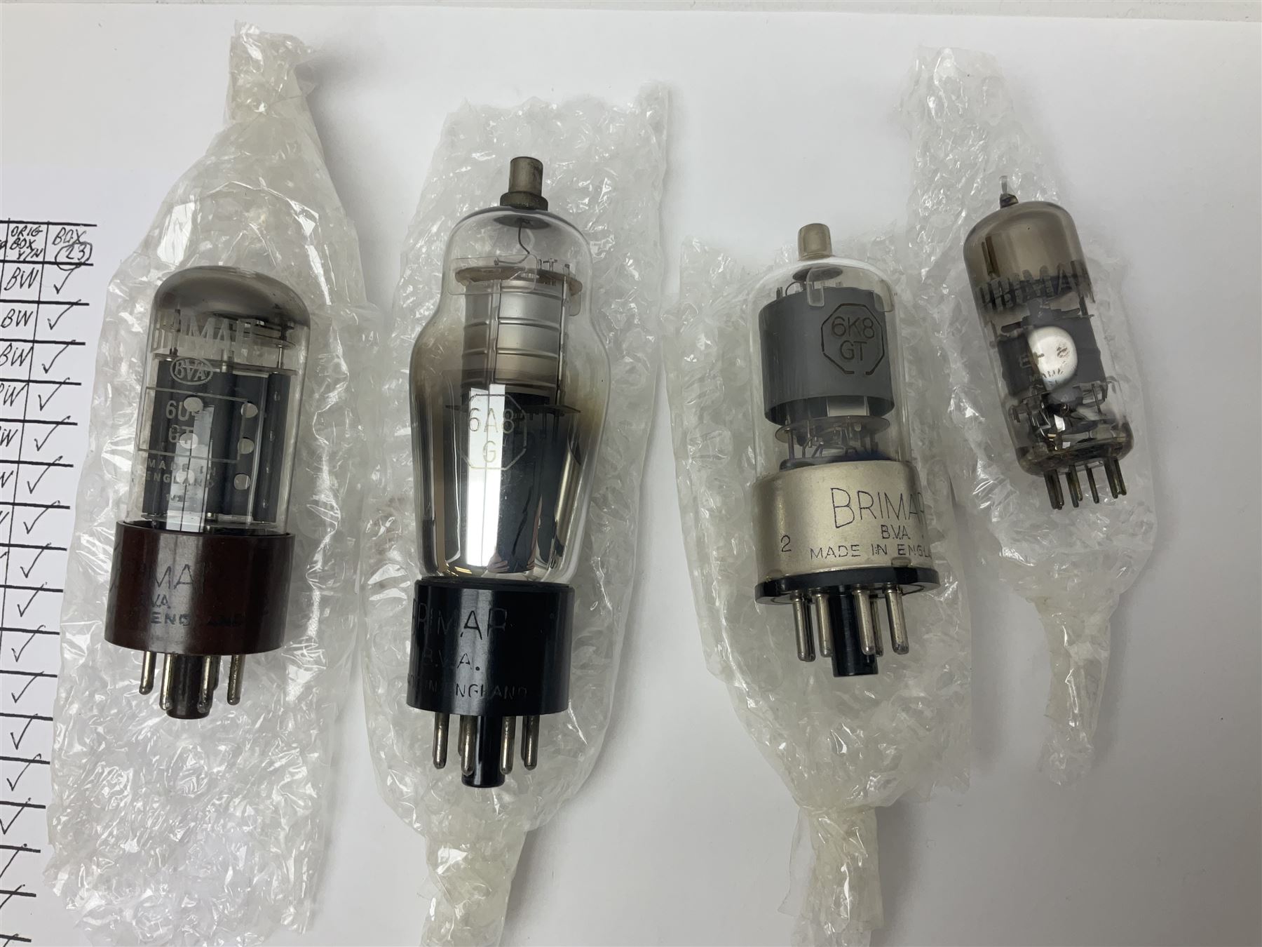 Collection of Brimar thermionic radio valves/vacuum tubes, including EF80, 6U4GT, 6A8G, 6K8GT, etc approximately 20 as per list, unboxed