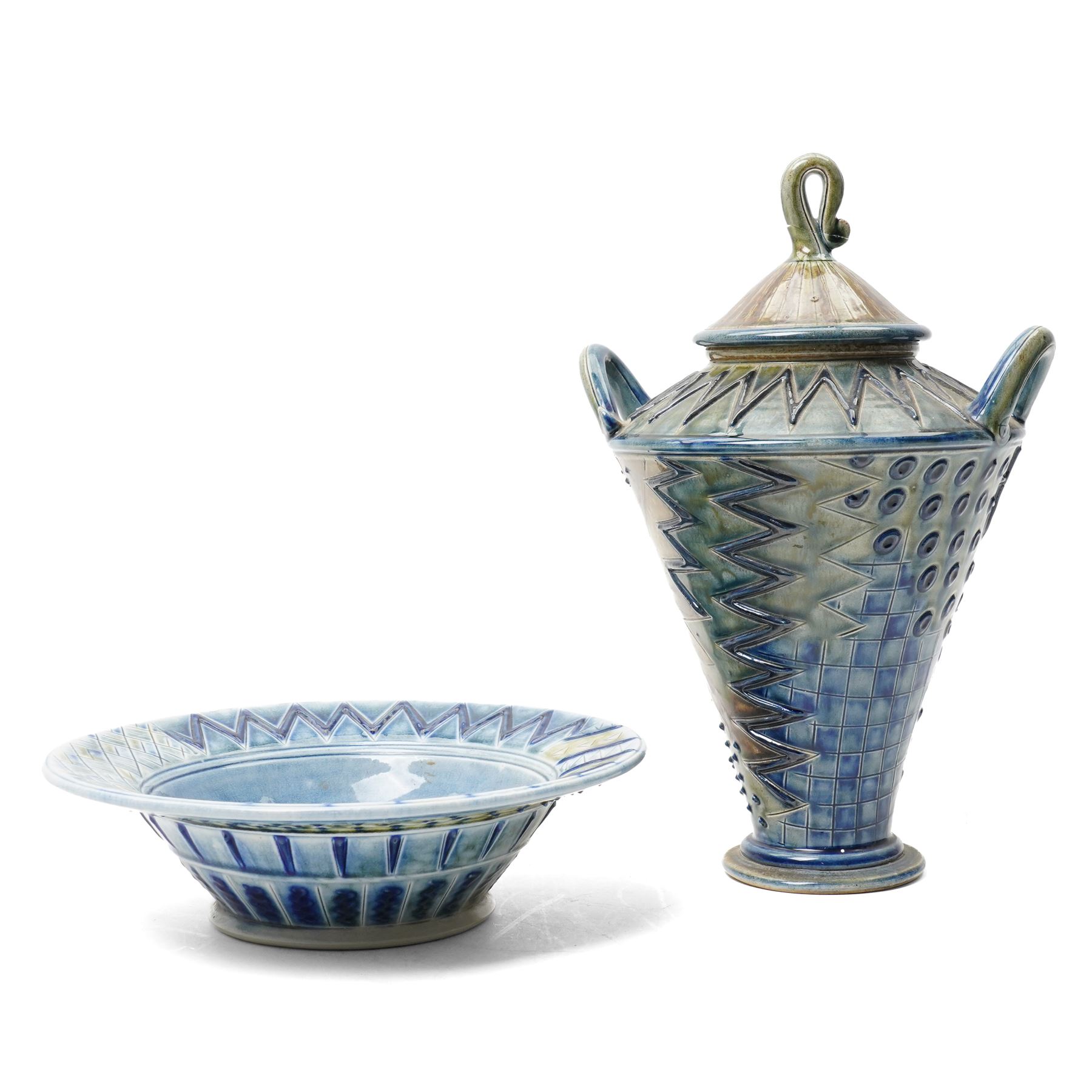 Andrew Osborne (1956 -): Geometric Jar and Bowl, with abstract design in typical blue and green glazes, incised marks to bases, jar H34cm
