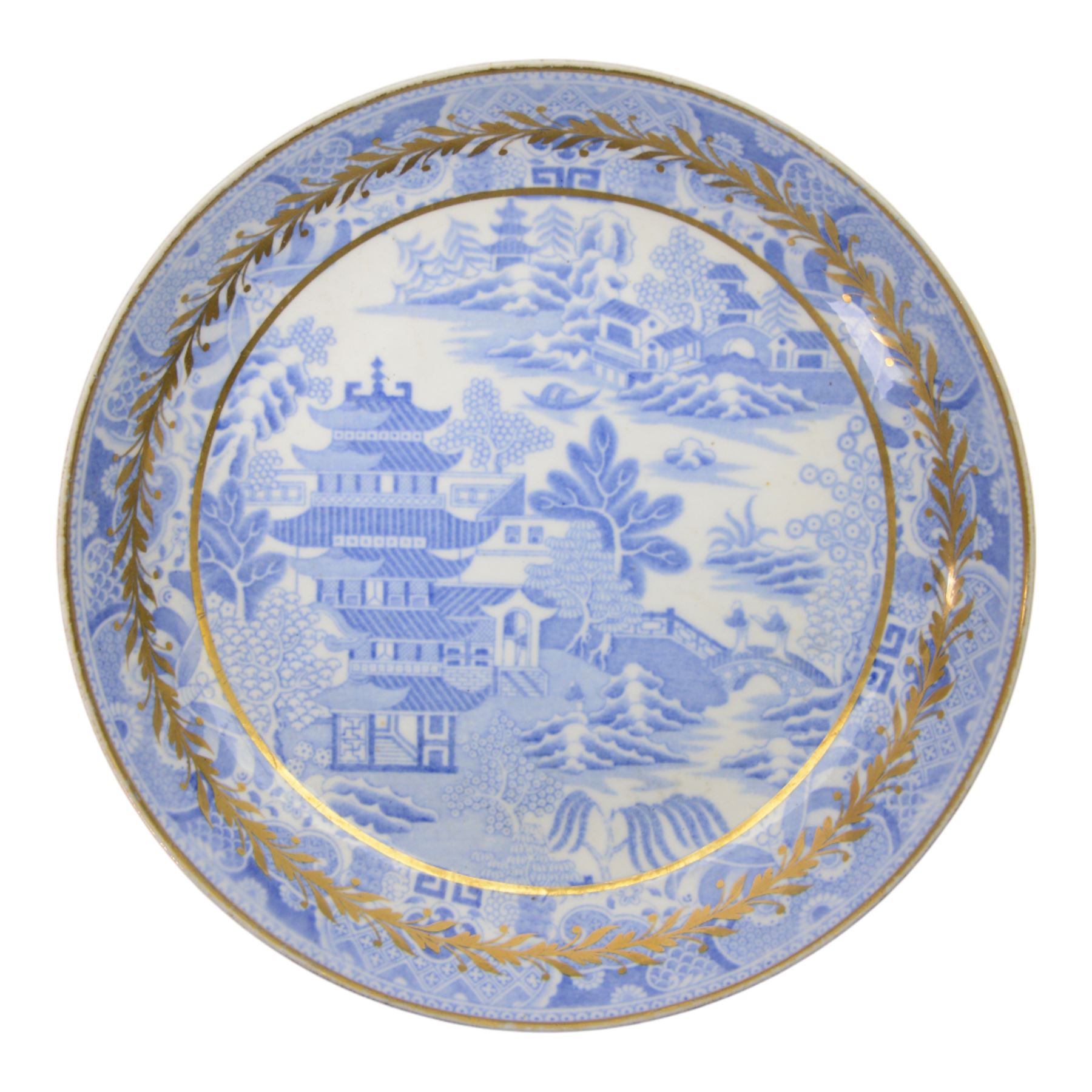 Spode tea service in Temple pattern, comprising twelve cups and saucers, open sucrier, milk jug, two side plates, together with Spode Italian pattern, six cups and saucers