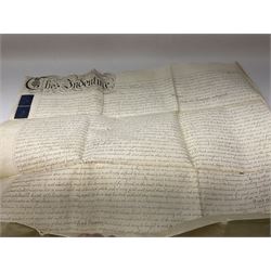 Early 19th century manuscript deed on vellum in three sections dated 25th February 1803 relating to 'An agreement between William Wilberforce, of the old palace yard, Westminster - son of Robert, AND The Reverend Thomas Bowman, of Beverley, who has agreed to buy from William Wilberforce the Freehold of a 