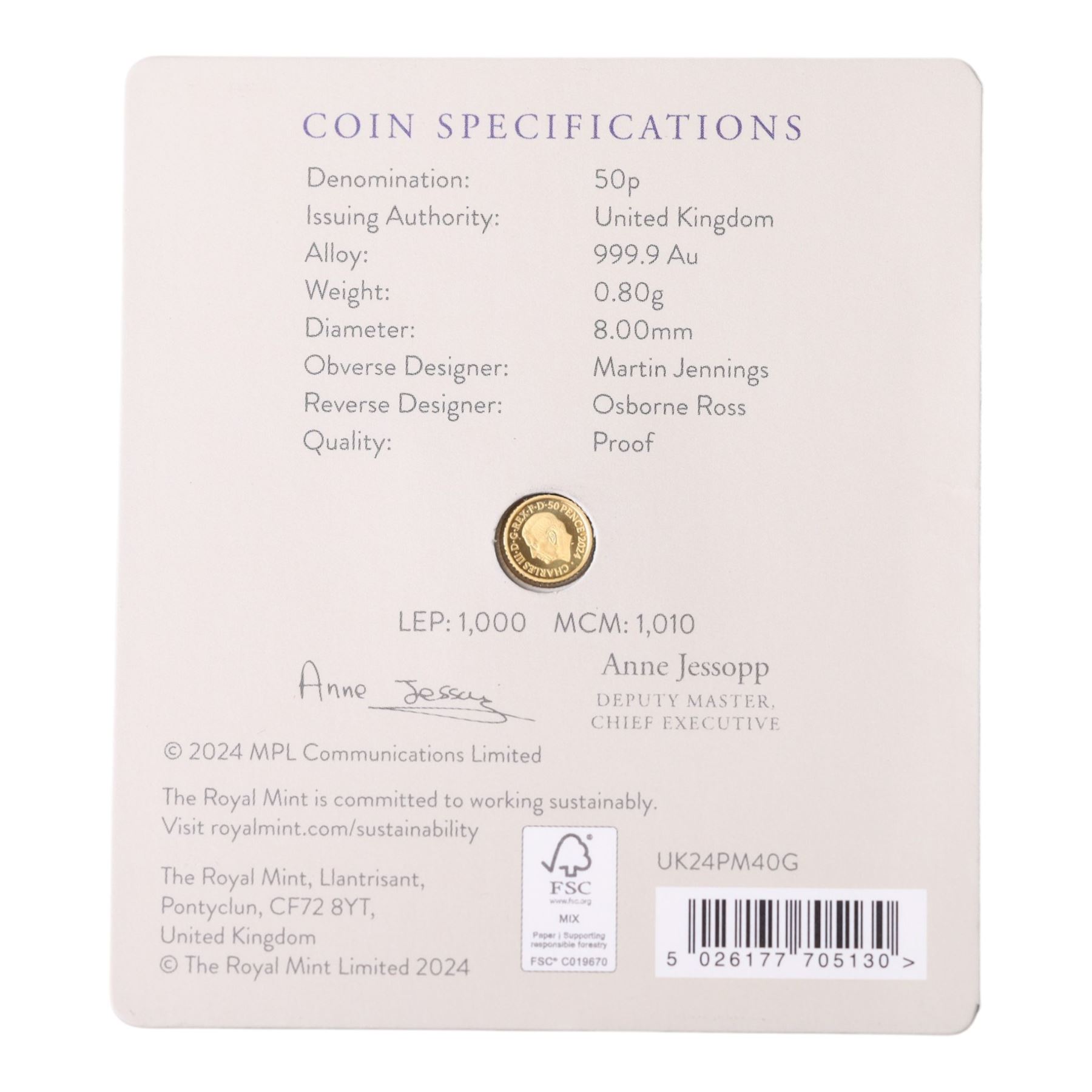 The Royal Mint United Kingdom 2024 'Paul McCartney' 1/40 ounce fine gold proof fifty pence coin, on card