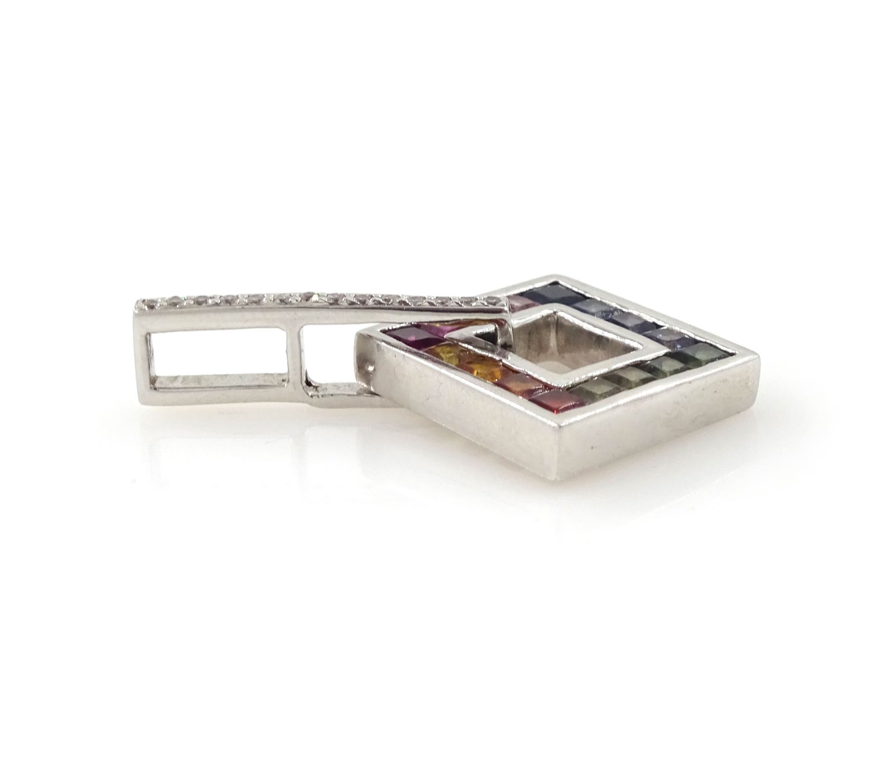 9ct white gold rainbow sapphire and diamond square pendant, channel set with sixteen square cut fancy coloured sapphires, to a round brilliant cut diamond bail, hallmarked