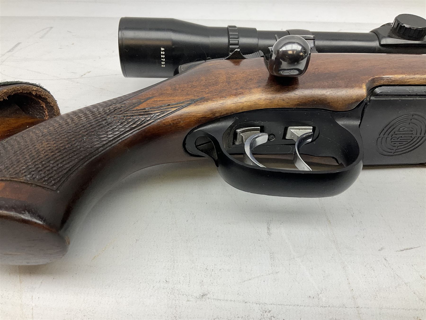 30-06 Steyr-Mannlicher Model M bolt-action rifle, the 61cm hammer forged barrel with side safety, double set trigger and lift-out rotary magazine, walnut stock with chequered pistol grip and fore-end and additional soft leather cheek piece, Pecar Berlin Champion 8 x 45 telescopic sight with quick release mounts, serial no.204791 L111cm FIREARMS CERTIFICATE REQUIRED OR RFD