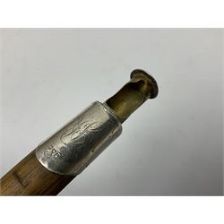 Edwardian novelty walking stick, the bamboo cane with silver mounted handle engraved with initial, concealing a vesta case with external striker, hallmarked London, probably 1908, makers mark worn and indistinct, H92cm