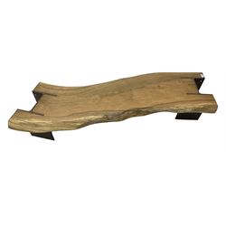 Raw edge shaped oak plank bench or side table on steel RSJ supports